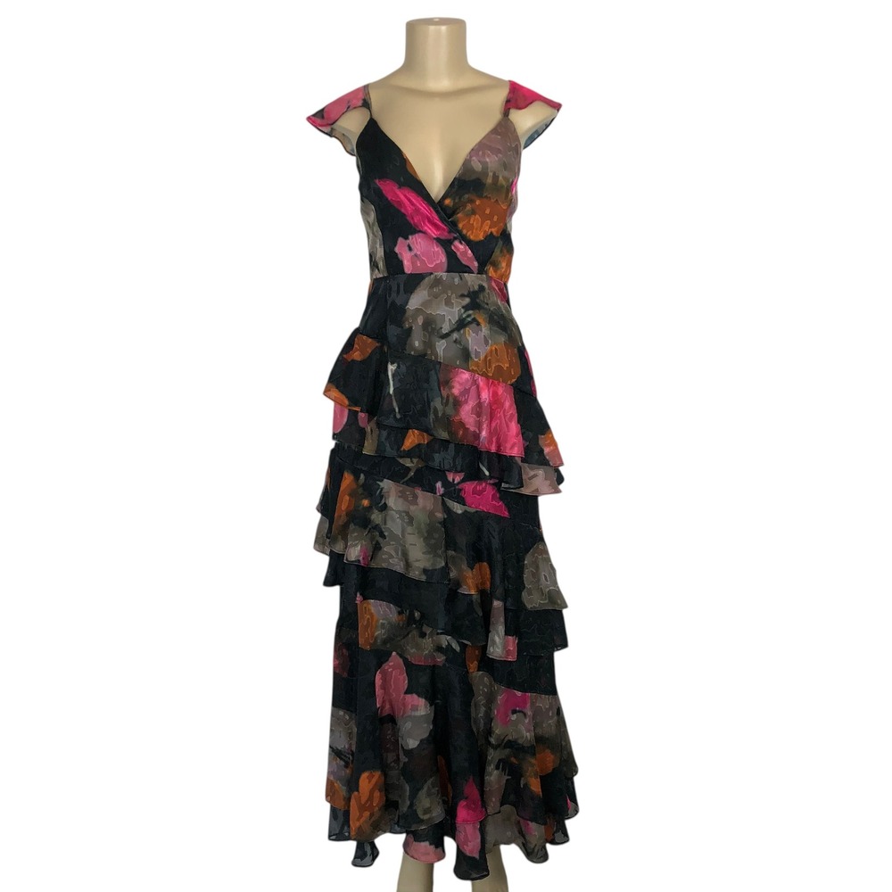 Anthropologie Hutch Black Maxi Dress with Pink and Orange Floral Print